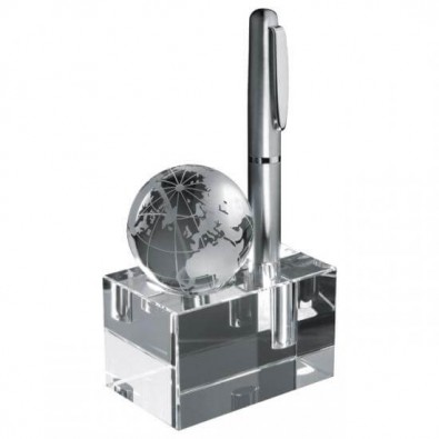 Glas-Schreibgeräthalter mit Weltkugel Glas-Schreibgeräthalter mit Weltkugel