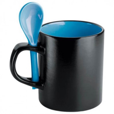 Keramiktasse mit Löffel, Schwarz/Blau Keramiktasse mit Löffel, Schwarz/Blau