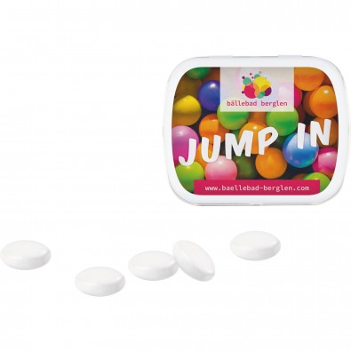 Klapp Dose Mentos Kaudragee Mint, inkl. Druck, weiße Dose Klapp Dose Mentos Kaudragee Mint, inkl. Druck, weiße Dose